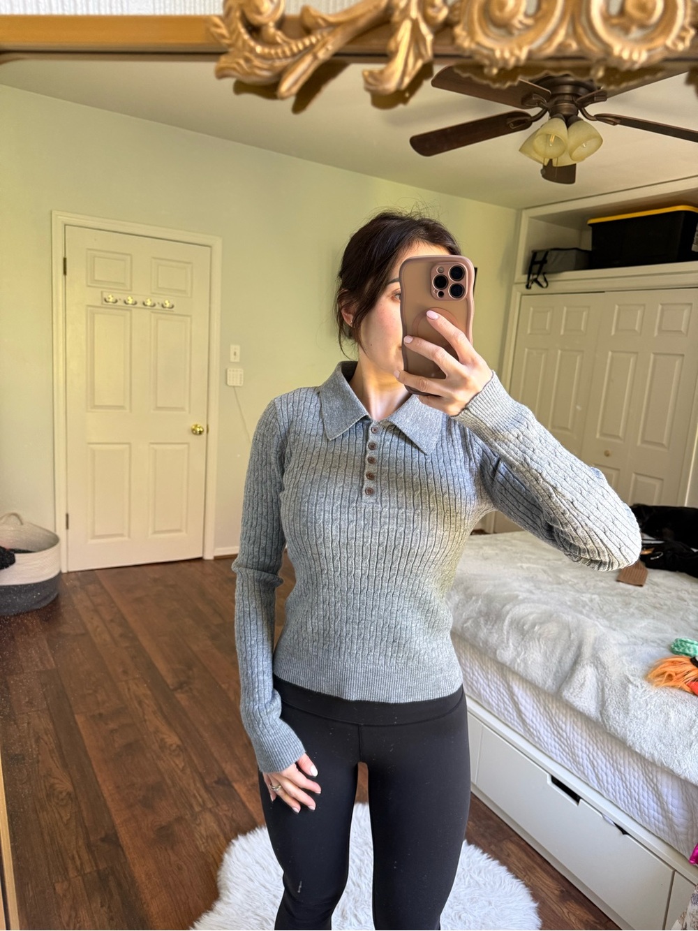 Ribbed Polo Collar Sweater - Light Gray